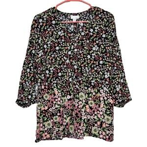 J Jill Womens XS Blouse 3/4 Sleeve Top Lagenlook Relaxed Fit Shirt Floral V-Neck